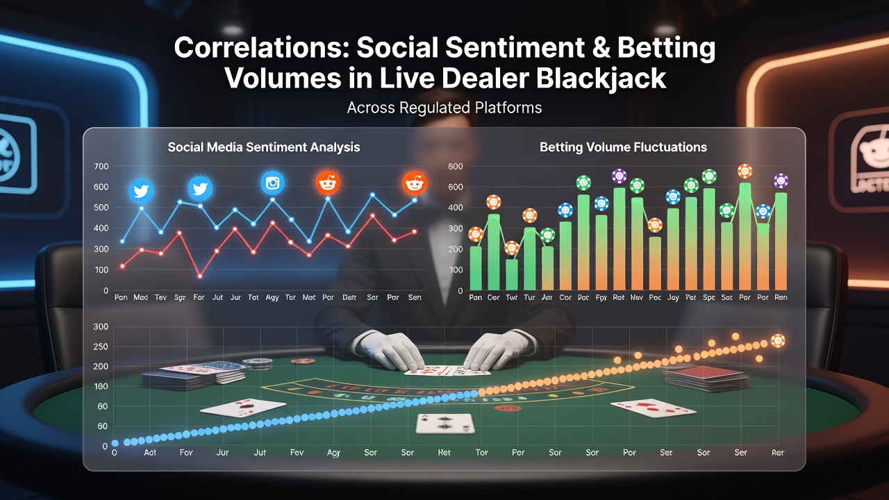Data visualization showing social media sentiment trends overlaid with live dealer blackjack betting volume charts from regulated platforms