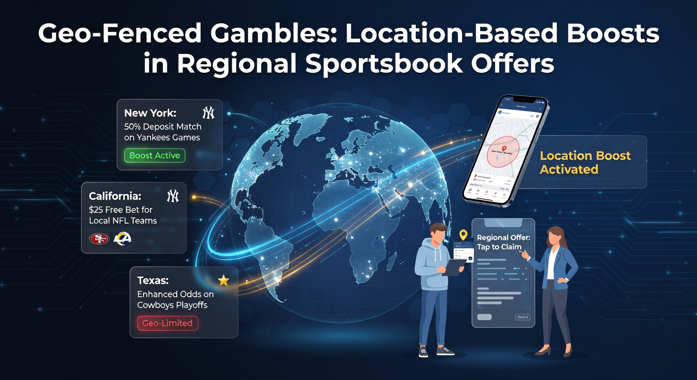 Digital map highlighting geo-fenced zones for sportsbook promotions across various US states, showing tailored odds boosts for local teams