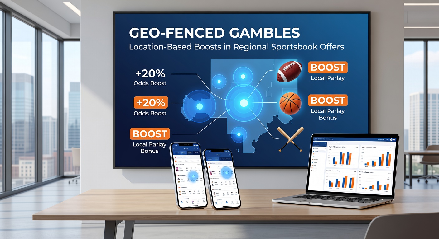 Smartphone screen displaying a geo-fenced sportsbook app notification for a regional odds boost on a local MLB game, with map overlay showing user's position