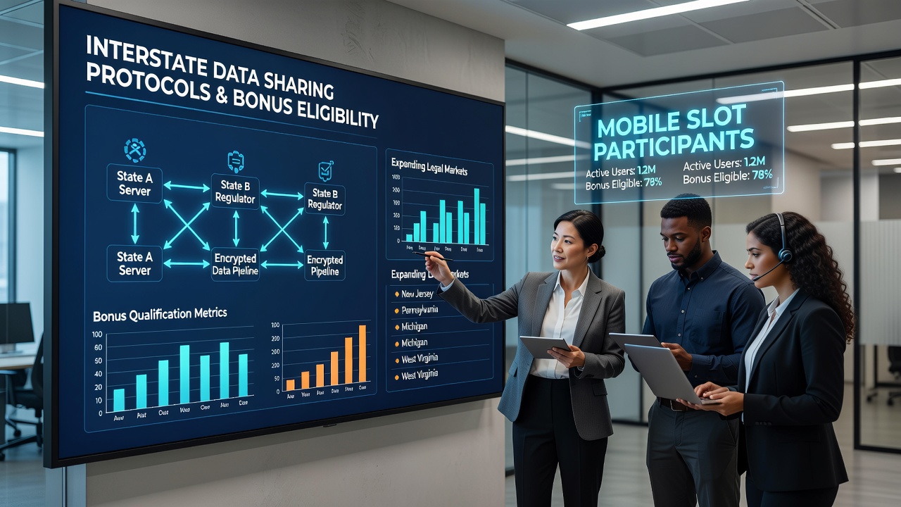Mobile slot players accessing interstate casino platforms with data verification overlays