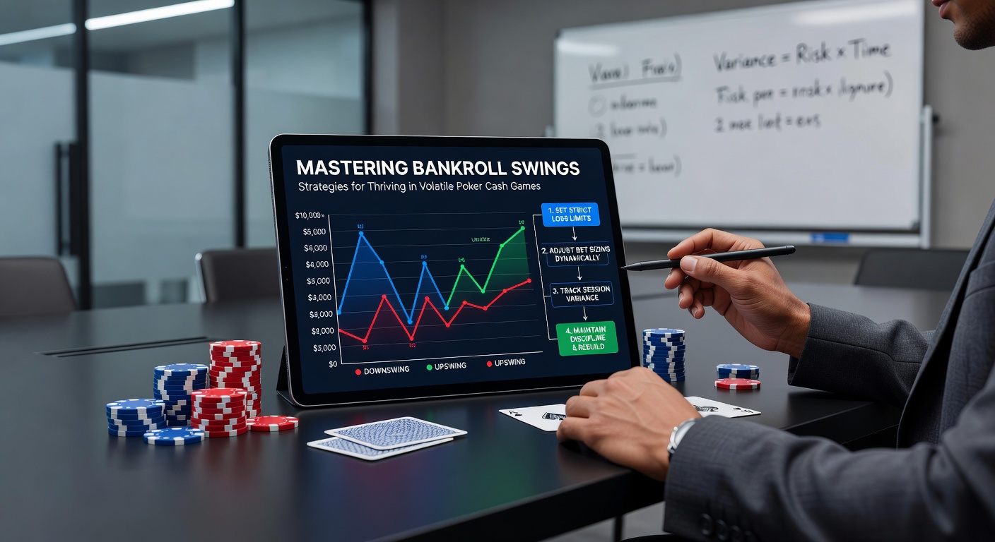 Poker player at a cash game table reviewing hand history on a laptop, surrounded by chips and focusing on bankroll charts during a downswing recovery