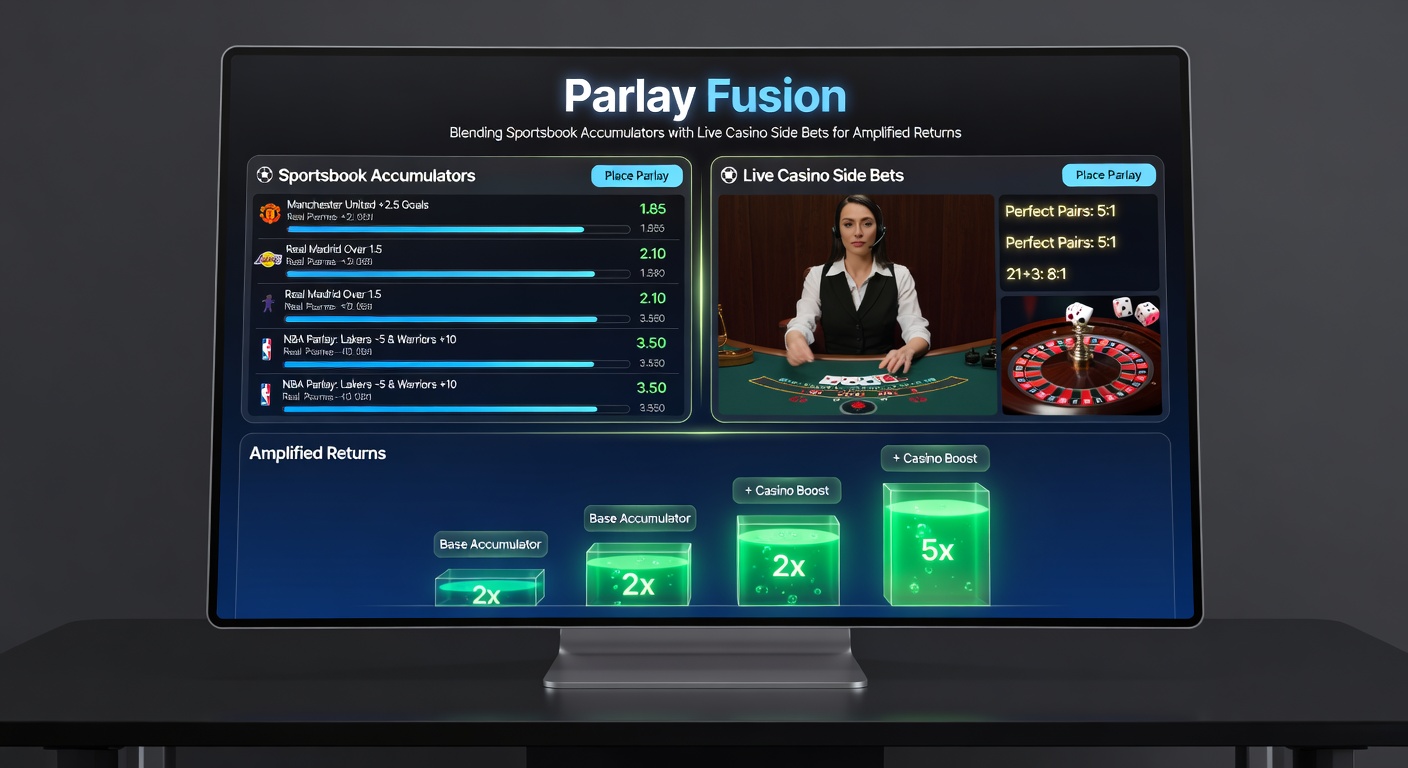 Screenshot of a gaming interface displaying a parlay fusion bet slip with sports legs and casino side bet multipliers highlighted