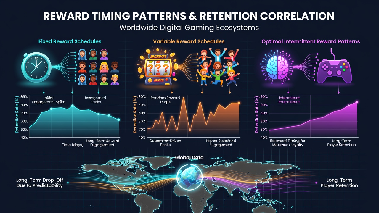 Visualization of reward timing patterns affecting player retention across global digital gaming platforms