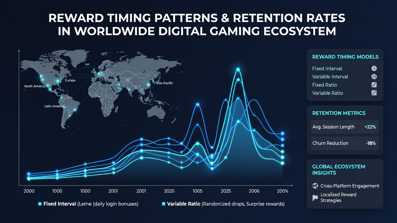 Charts and graphs illustrating retention rate correlations with reward timing in worldwide gaming data