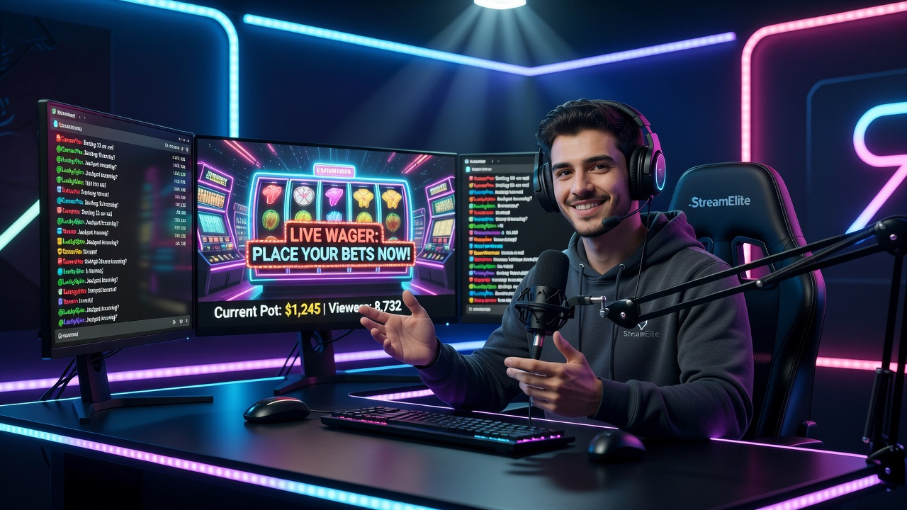 Streamer conducting an interactive session with overlaid wagering options on screen